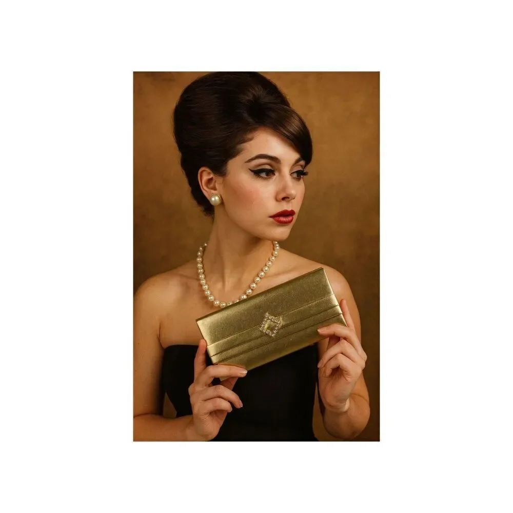 Vintage faux leather gold clutch the rhinestone closure.